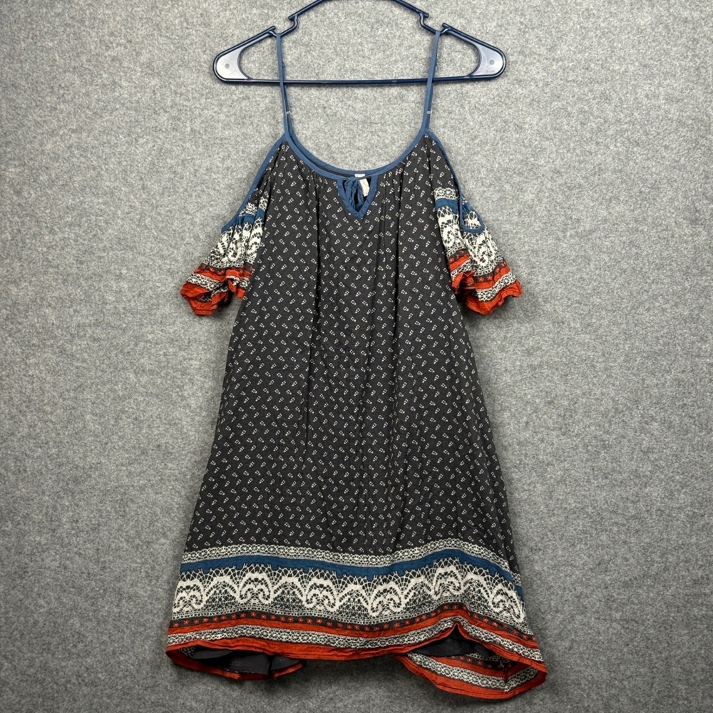 Free People Black White Red Boho Cold Shoulder Mini Dress Size S